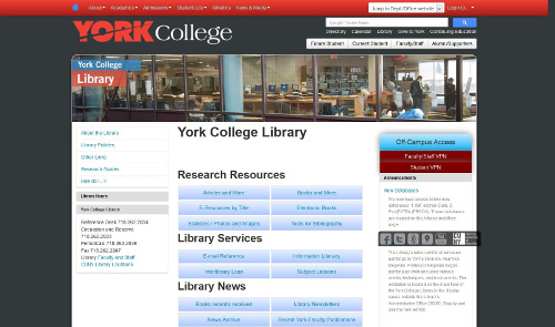 Screenshot of York library website in February 2014